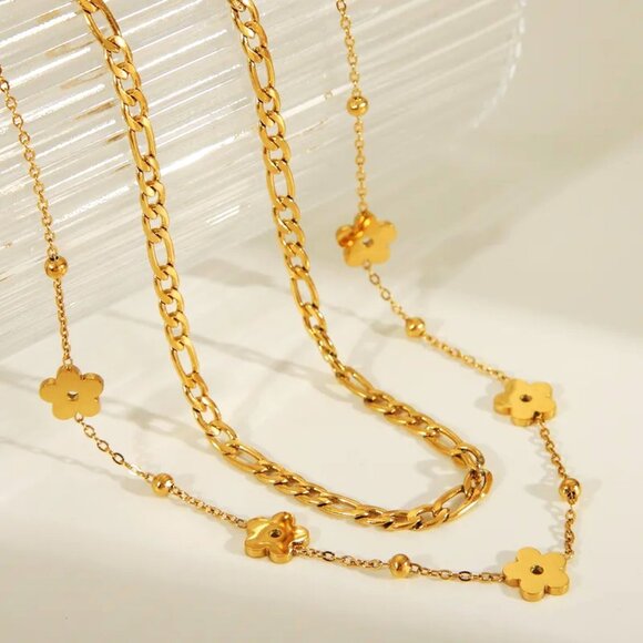 18 KARAT OLD DIPPED DOUBLE CHAIN MATTE FLOWERS AND MED, CHUNK LINK NECKLACE NWT - Picture 1 of 1